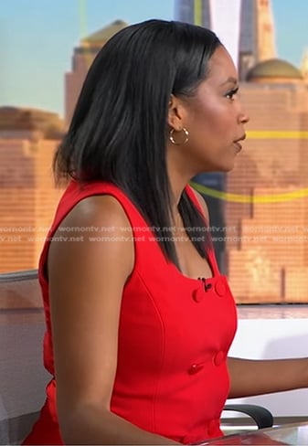 Rachel's red double breasted vest on Good Morning America