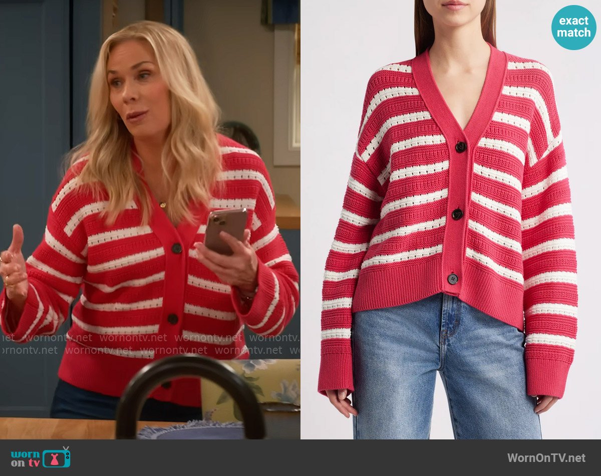 Rails Geneva Cardigan in Pink Stripe worn by Leanne Murphy (Leanne Morgan) on Leanne