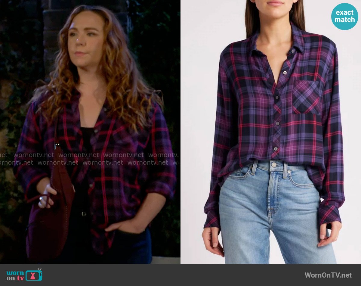 Rails Hunter Shirt in Aubergine Magenta worn by Mariah Copeland (Camryn Grimes) on The Young and the Restless