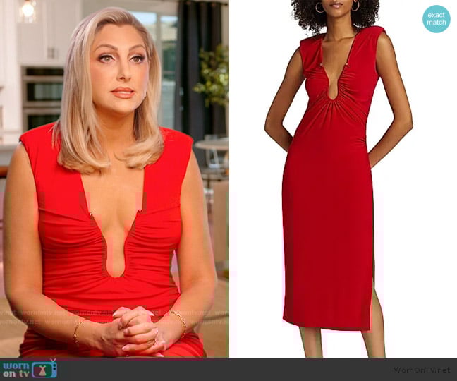 Ramy Brook Elena Gathered Midi Dress worn by Gina Kirschenheiter on The Real Housewives of Orange County