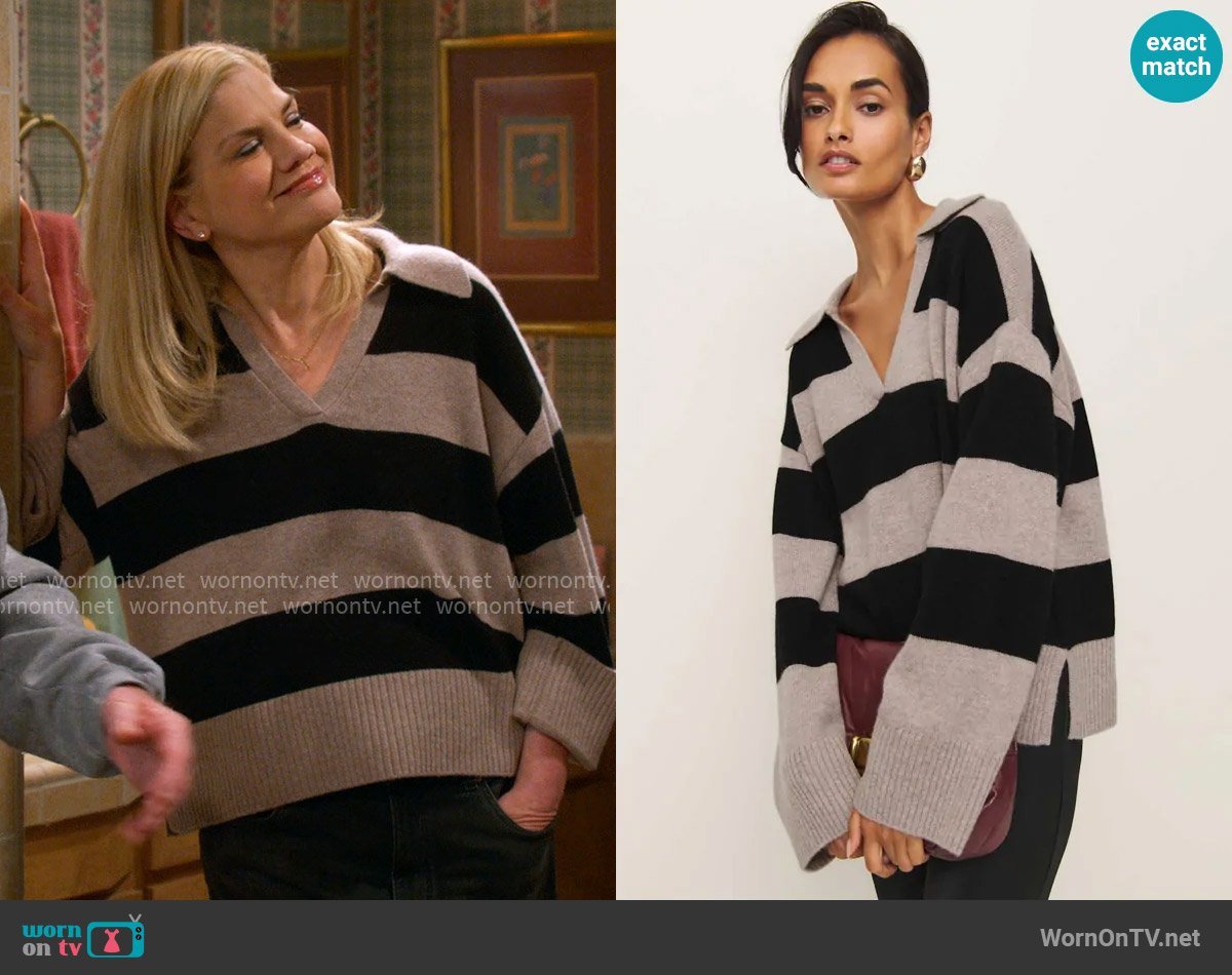 Reformation Sawyer Oversized Cashmere Polo in Toast Black Stripe worn by Carol (Kristen Johnston) on Leanne