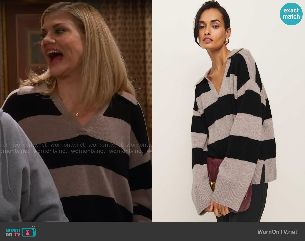 Reformation Sawyer Oversized Cashmere Polo in Toast Black Stripe worn by Carol (Kristen Johnston) on Leanne