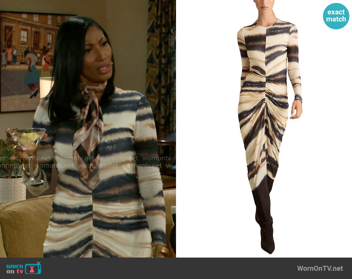 Leslie’s tie dye ruched front dress on Beyond the Gates