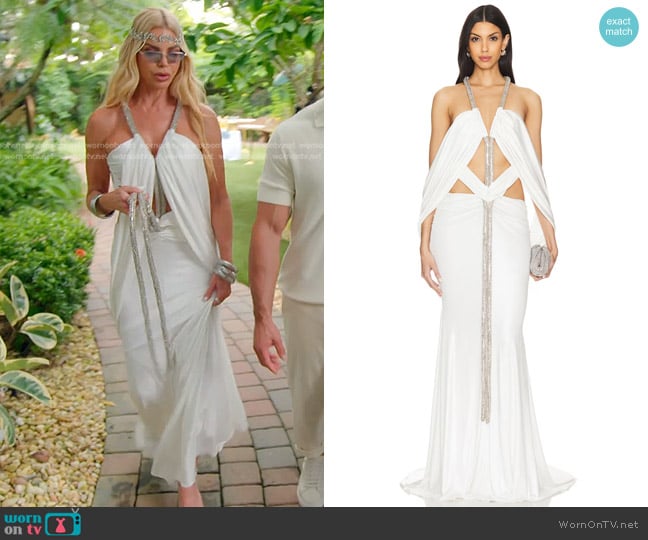 Retrofete Gaia Dress in White & Gold worn by Alexia Echevarria (Alexia Echevarria) on The Real Housewives of Miami