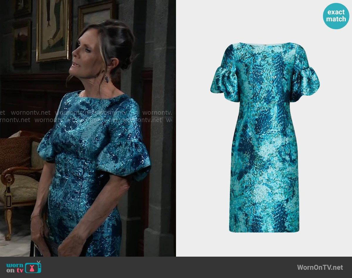 Rickie Freeman for Teri Jon Puff-Sleeve Metallic Jacquard Dress worn by Lucy Coe (Lynn Herring) on General Hospital
