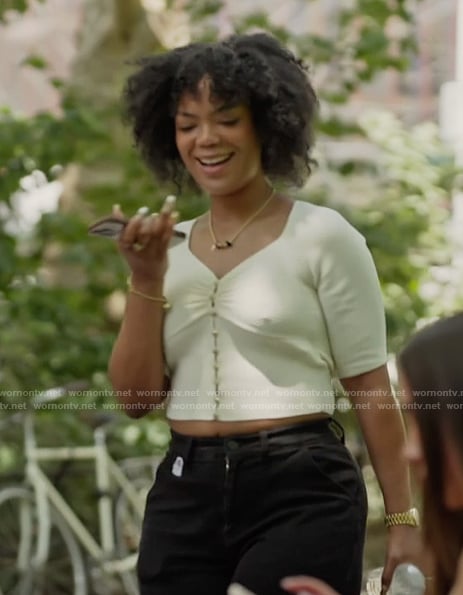 Riley's beige cardigan on Next Gen NYC