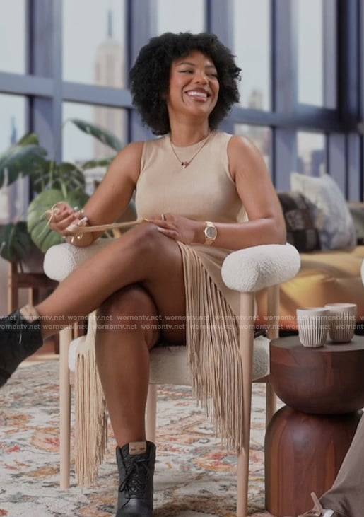 Riley's beige fringe confessional dress on Next Gen NYC