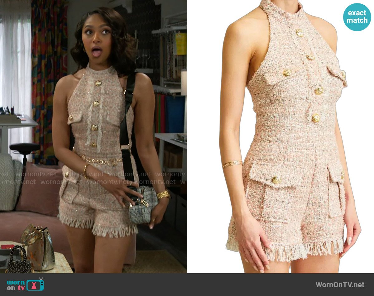 Kat’s tweed romper on Beyond the Gates