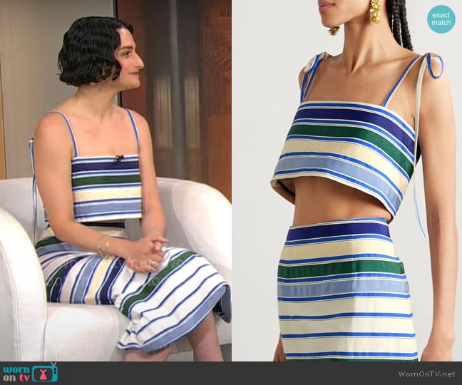 Rosie Assoulin Cropped grosgrain-trimmed striped cotton-blend twill top worn by Jenny Slate on CBS Mornings