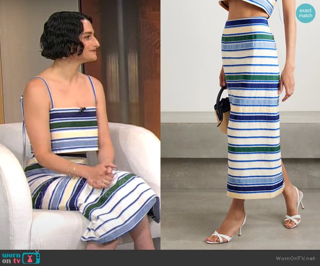 Rosie Assoulin Ribbon grosgrain-trimmed striped herringbone cotton-blend midi skirt worn by Jenny Slate on CBS Mornings