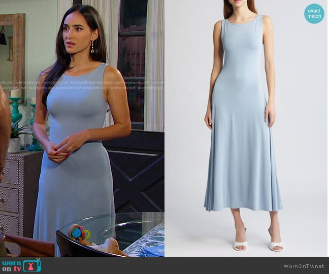 Rue Sophie Theodor Midi Dress in Blue Fog worn by Gabi Hernandez (Cherie Jimenez) on Days of our Lives