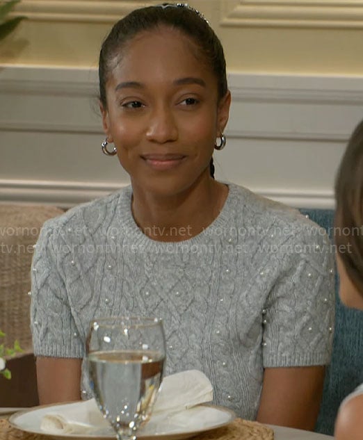 Samantha’s grey pearl embellished sweater top on Beyond the Gates
