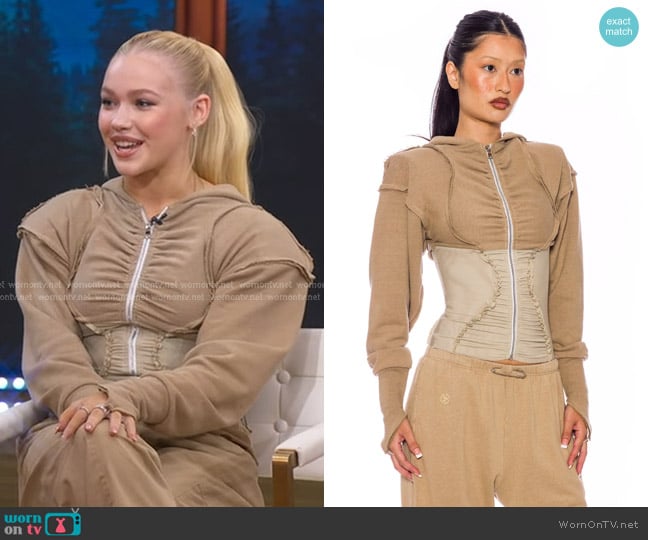 Sami Miro Vintage Open Stem Zip Hoodie in Taupe worn by Freya Skye on Good Morning America