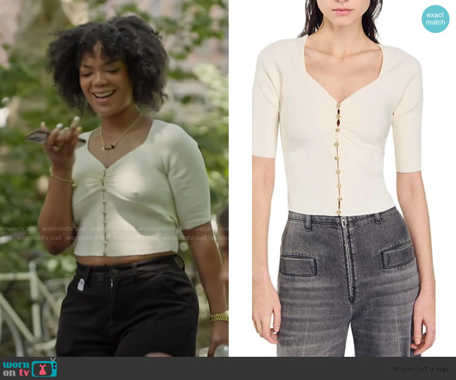 Sandro Cecilia Short Sleeve Ribbed Knit Cardigan worn by Riley Burruss on Next Gen NYC