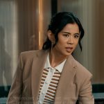 Sarah’s camel suit and striped knit top on Matlock