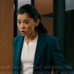 Sarah’s green suit and white polo top on Matlock