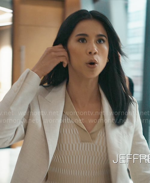 Sarah’s beige printed polo top on Matlock