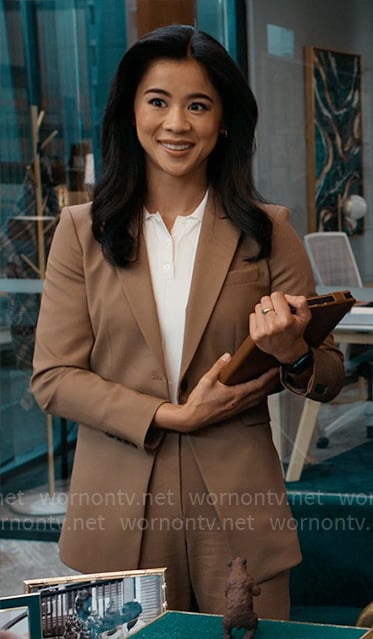 Sarah's camel suit and ribbed polo on Matlock