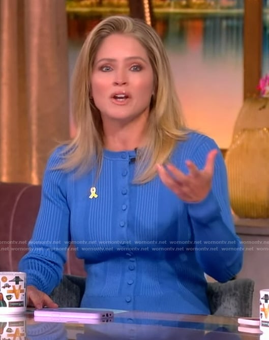 Sara’s blue ribbed cardigan and skirt on The View