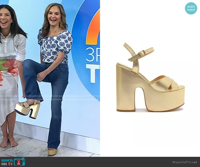 Schutz Keefa Gilded Cutout Metallic Leather Sandal worn by Joy Bauer on Today