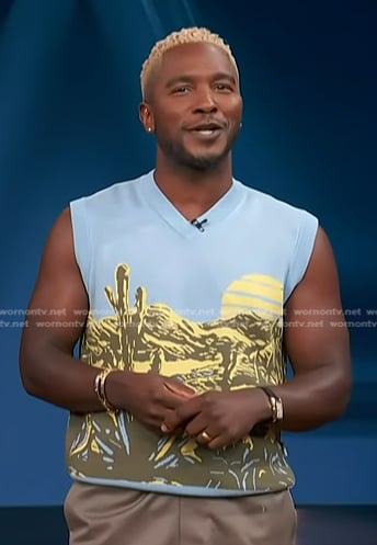 Scott's blue desert print knit vest on Access Hollywood