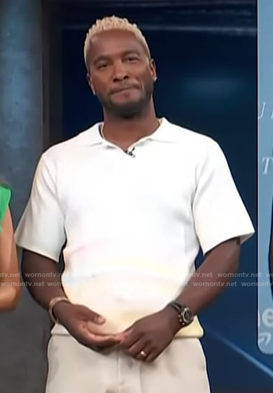 Scott’s white horizon print polo on Access Hollywood