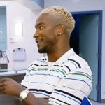 Scott’s white striped polo on Access Hollywood