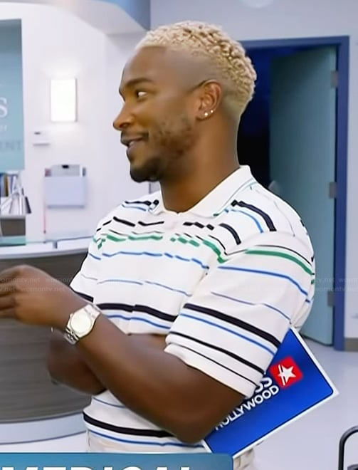 Scott's white striped polo on Access Hollywood