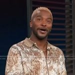 Scott’s brown abstract print shirt on Access Hollywood