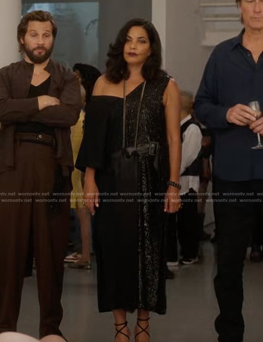 Seema's black mixed media dress on And Just Like That