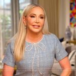 Shannon’s blue tweed confessional dress on The Real Housewives of Orange County
