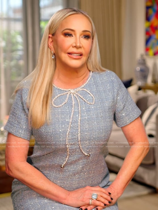 Shannon's blue tweed confessional dress on The Real Housewives of Orange County
