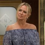 Sharon’s blue floral off-shoulder blouse on The Young and the Restless
