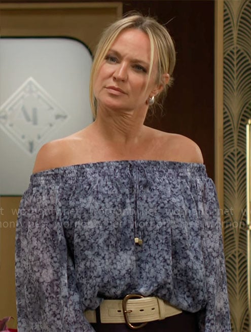 Sharon's blue floral off-shoulder blouse on The Young and the Restless