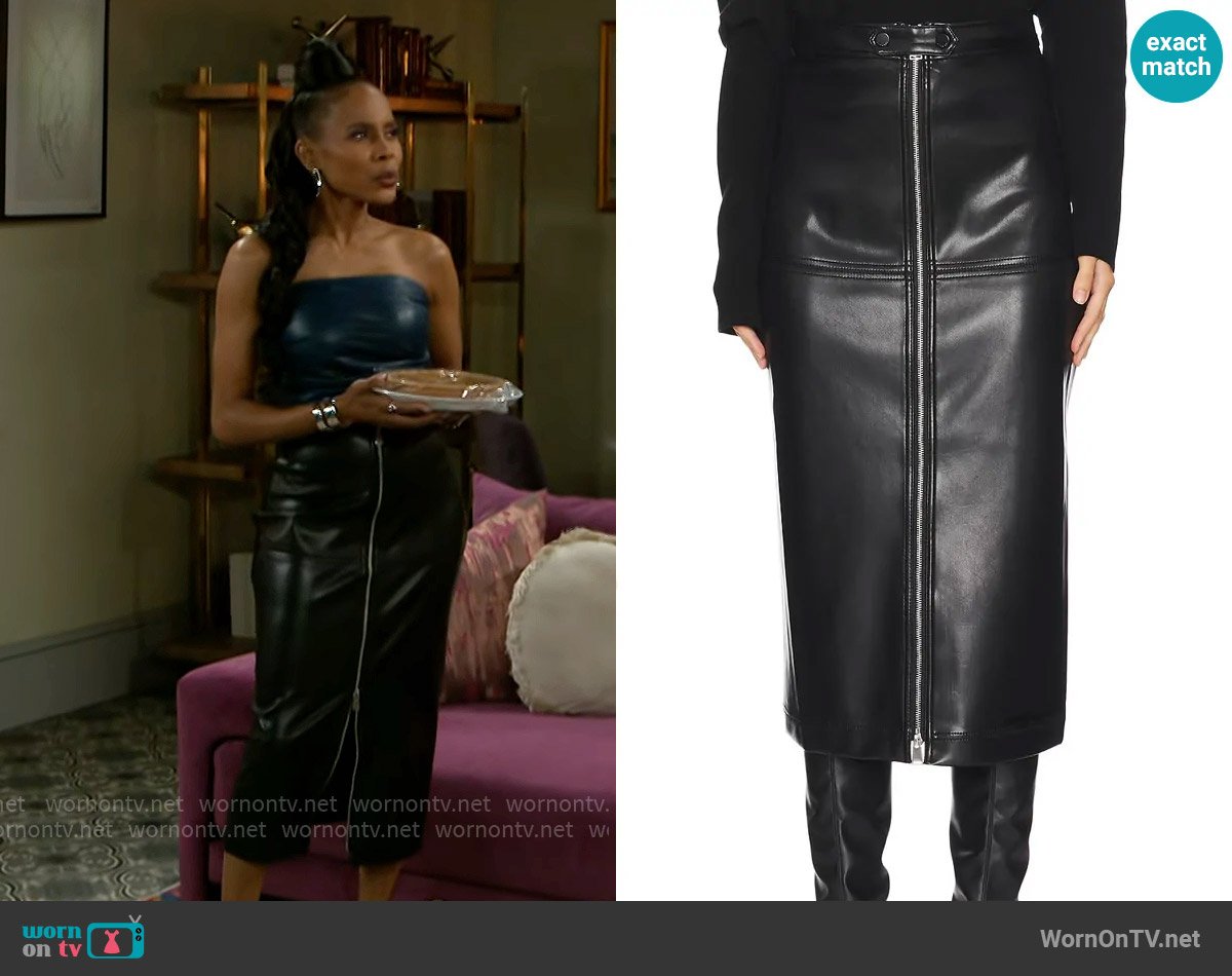 Simkhai Bianca Faux Leather Midi Skirt worn by Hayley Lawson (Marquita Goings) on Beyond the Gates