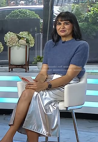 Sonal Dutt's blue short sleeve sweater and metallic skirt on Today