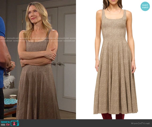 Staud Wells A-Line Midi-Dress in Mocha Herringbone worn by Kristen DiMera (Stacy Haiduk) on Days of our Lives