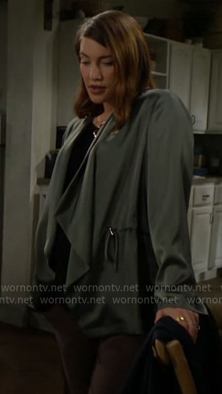 Steffy's black ring keyhole top and green satin jacket on The Bold and the Beautiful