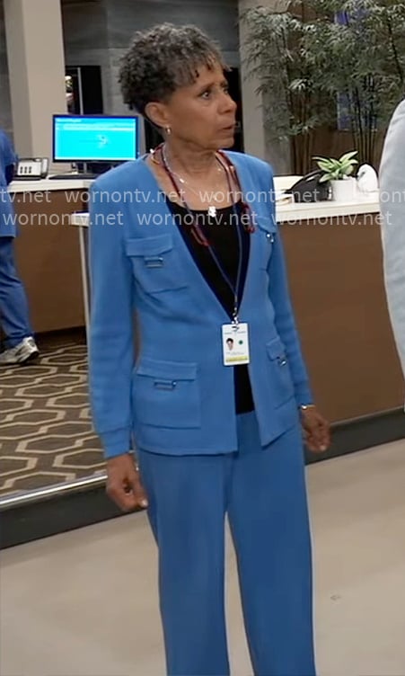 Stella's blue knit jacket and pants set on General Hospital