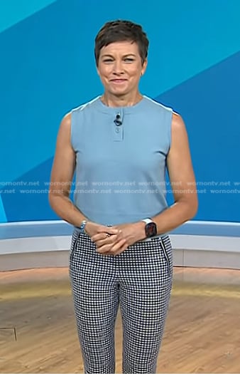 Stephanie’s blue sleeveless knit top and check pants on Today