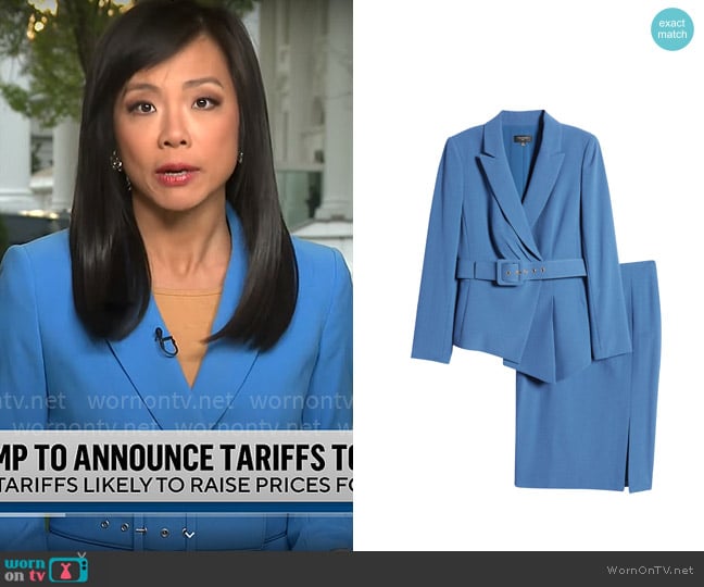 Tahari ASL Nested Belted Jacket and Skirt in River Blue worn by Weijia Jiang on CBS Mornings