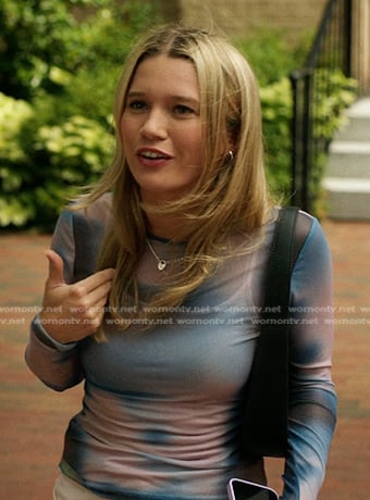 Taylor's blue print long sleeve top on The Summer I Turned Pretty
