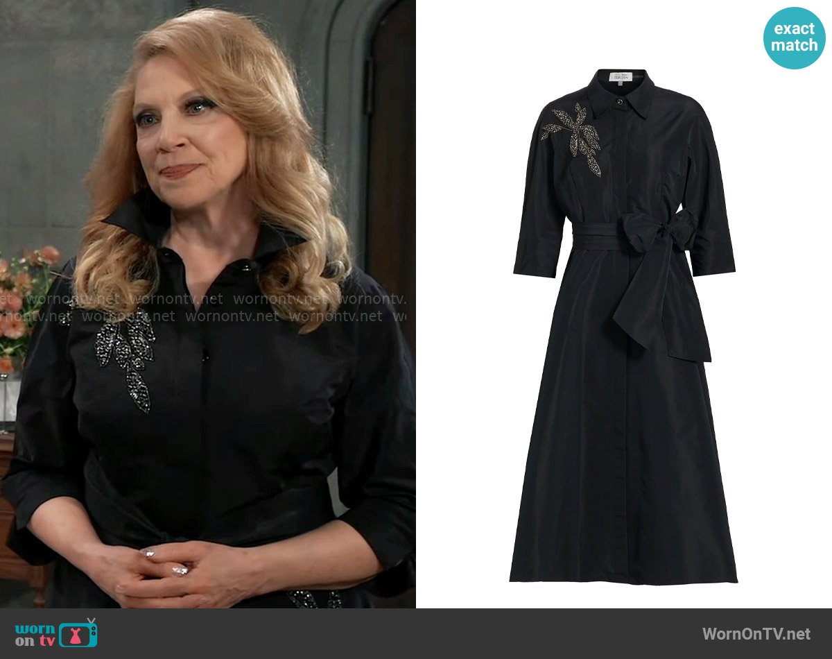 Teri Jon by Rickie Freeman Embellished Taffeta Self-Belt Midi-Shirtdress worn by Liesl Obrecht (Kathleen Gati) on General Hospital