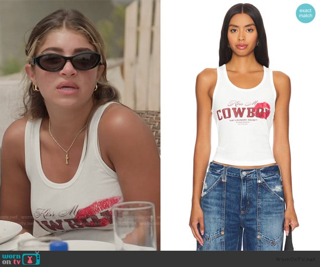 Gia’s white printed tank on Next Gen NYC