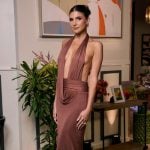 Janet’s brown satin halter reunion dress on The Valley