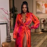 Jasmine’s red printed reunion wrap dress on The Valley