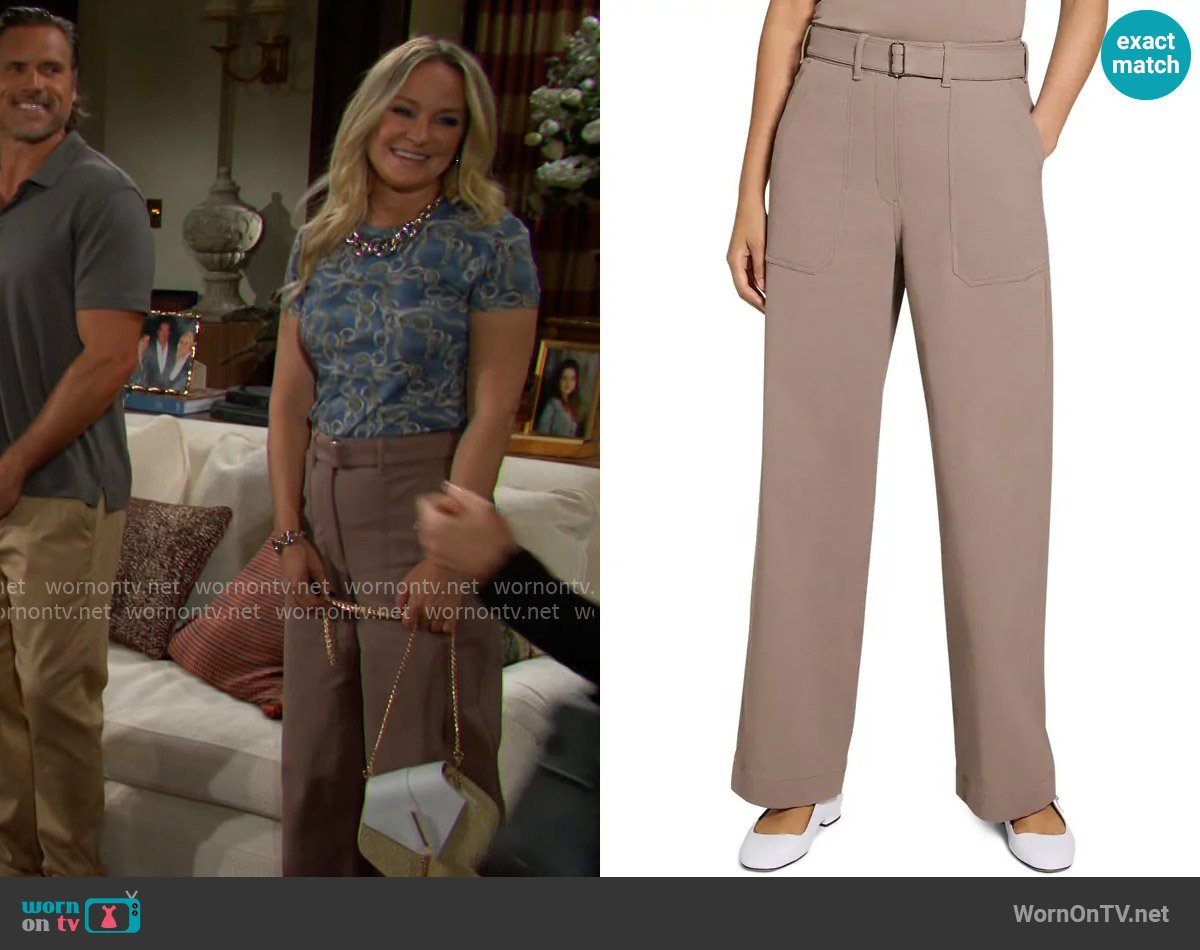Theory Cotton Blend Utility Pants in Walnut worn by Sharon Newman (Sharon Case) on The Young and the Restless