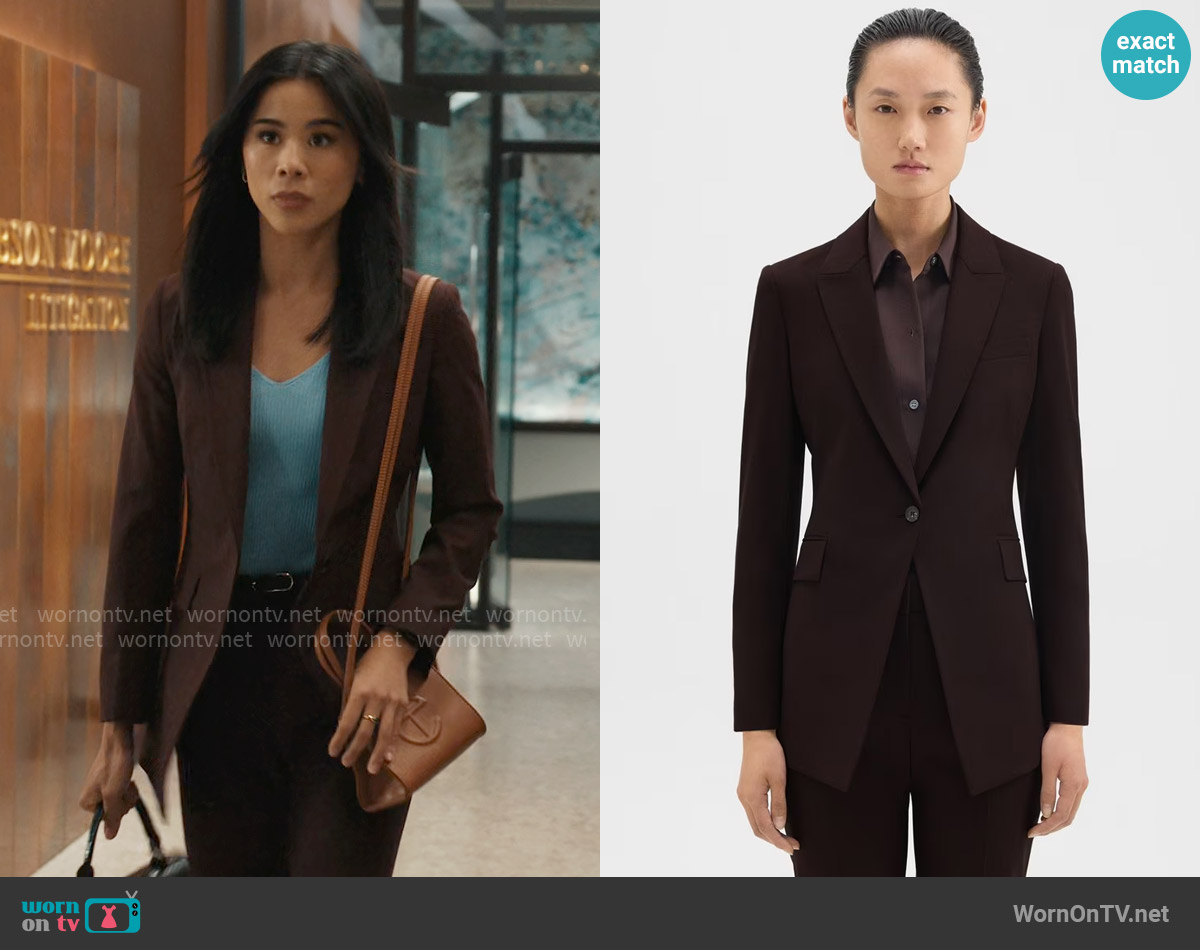 Theory Etiennette Blazer in Hickory worn by Sarah Franklin (Leah Lewis) on Matlock