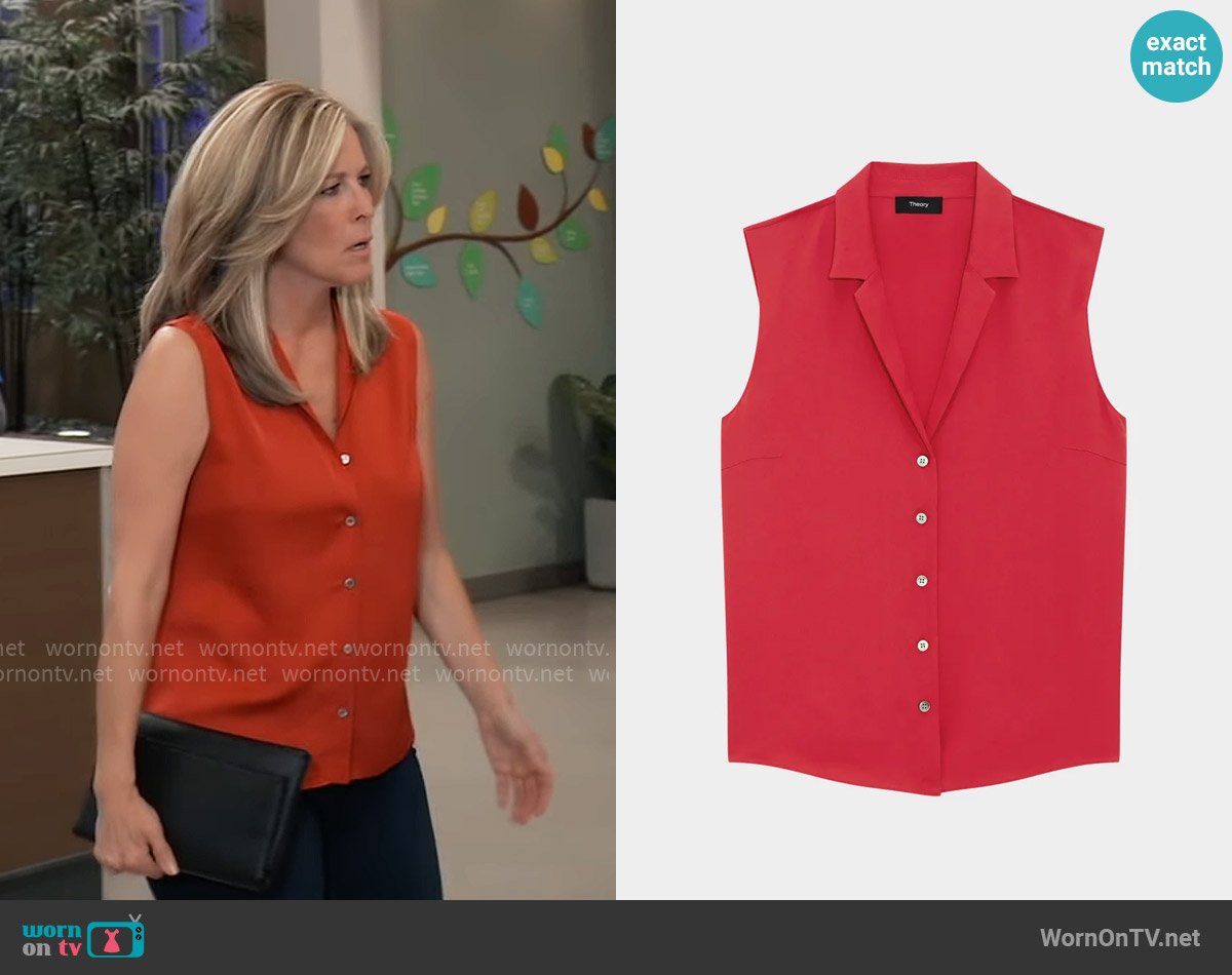 Theory Sleeveless Silk Camp Blouse worn by Carly Spencer (Laura Wright) on General Hospital