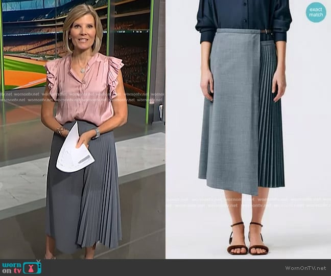 Tibi Tropical Wool Pleated Leather Wrap Skirt in Heather Grey worn by Kate Snow on NBC News Daily